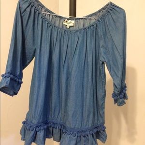 Denim PomPom Trim Peasant Blouse